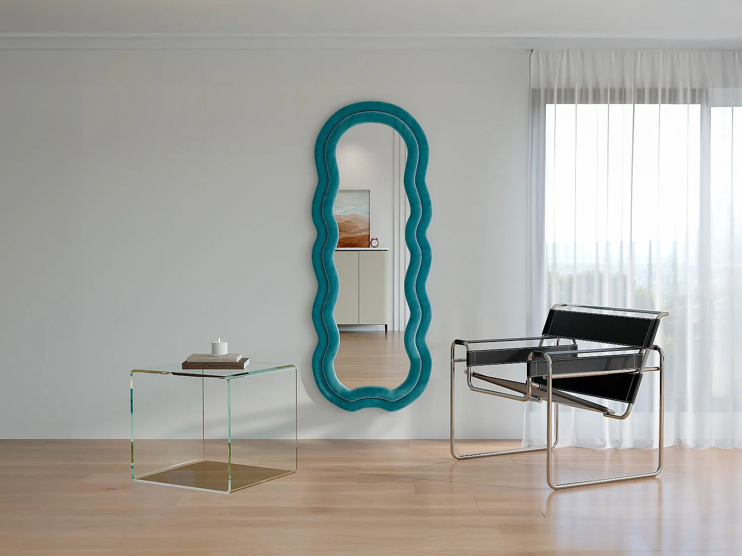 Miroir organique en velours - L. 60 x H. 160 cm - Bleu - LINOA