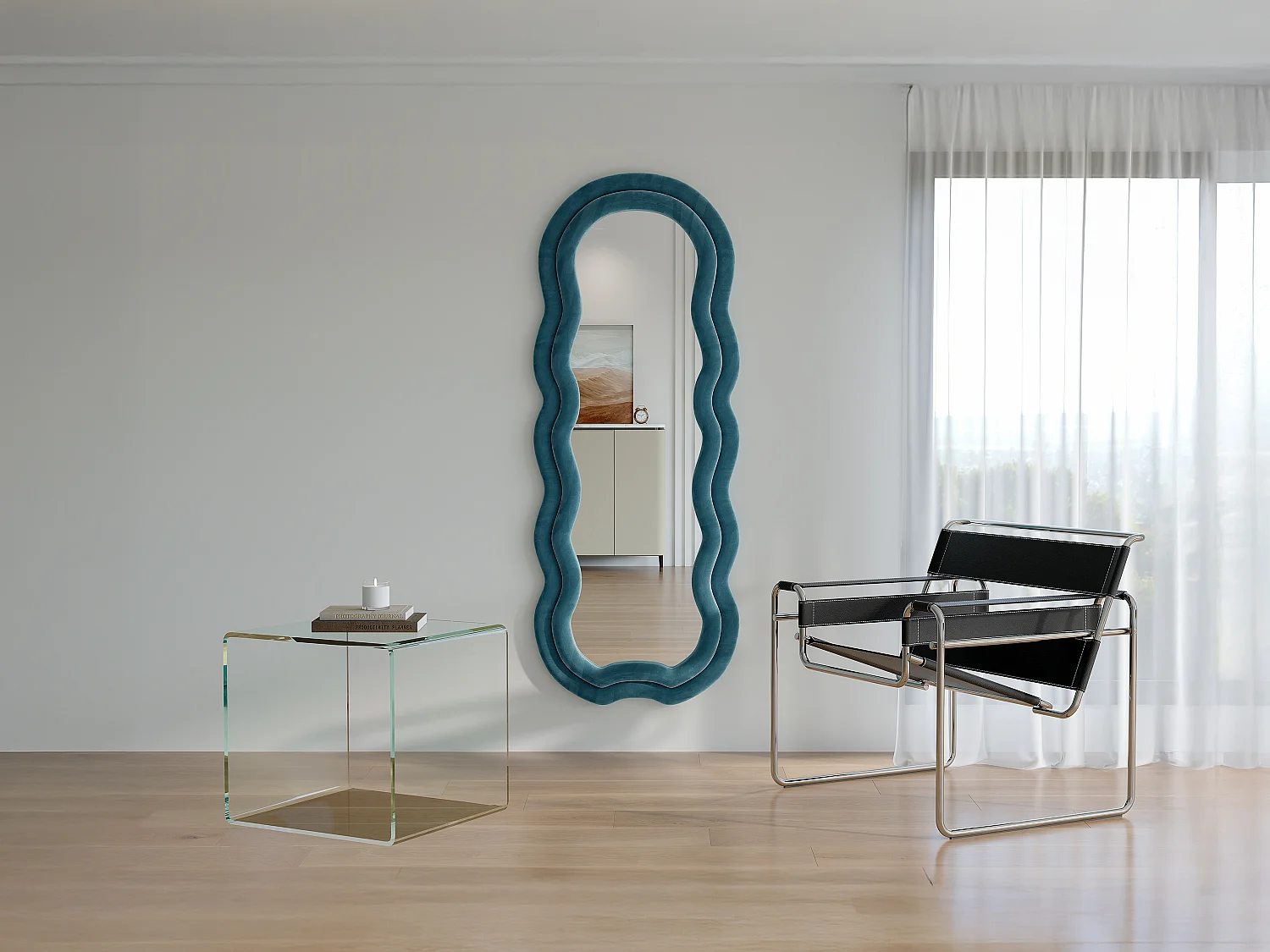 Espelho orgânico em veludo C60 x A160 cm - Azul - LINOA