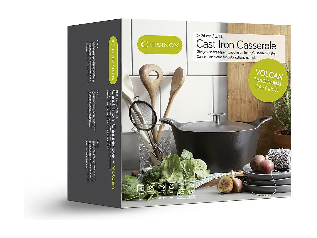 Volcan - Cocotte ronde noire 24 cm avec panier cuisson pour friture et cuisson à l'eau