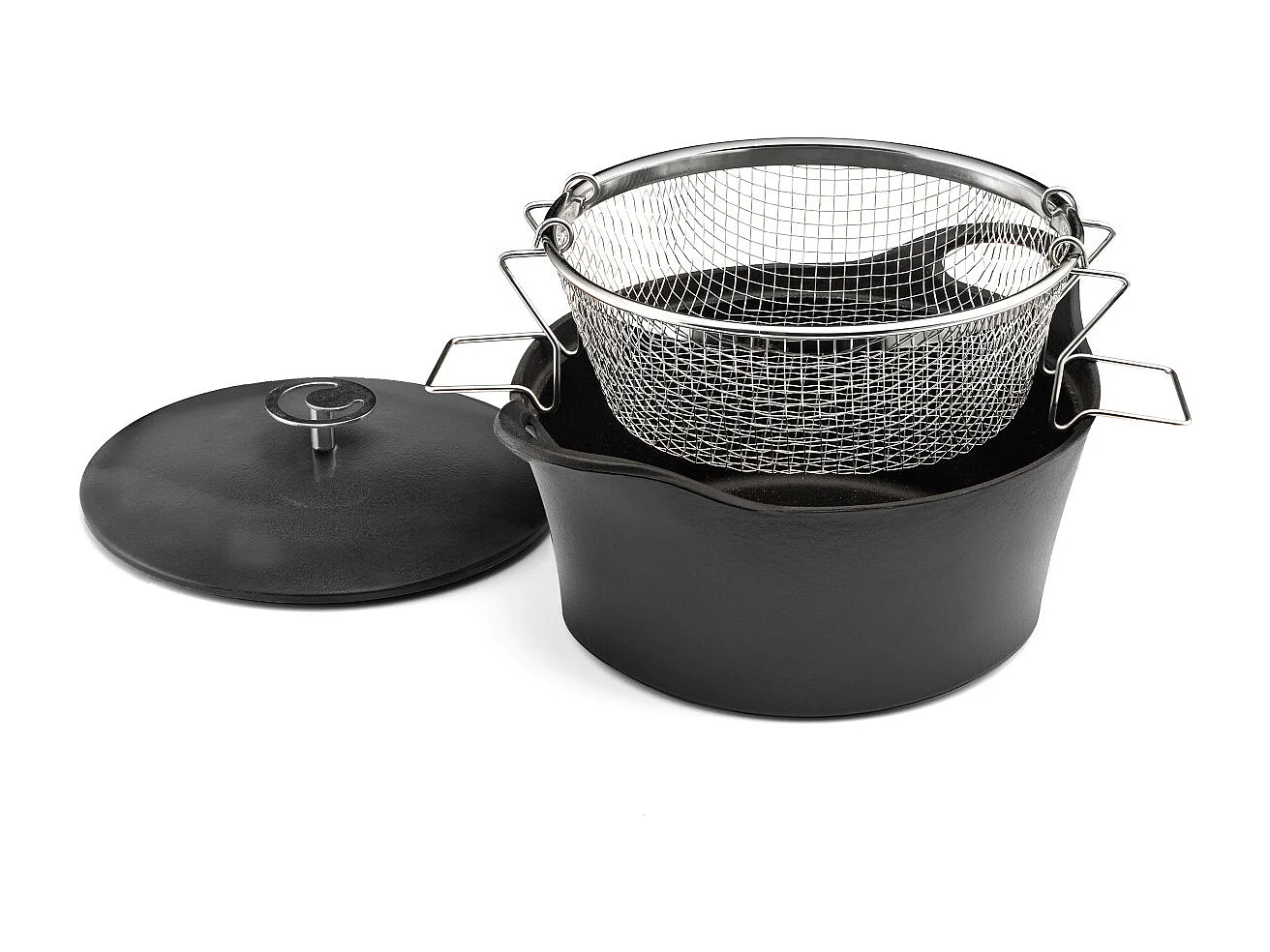 Volcan - Cocotte ronde noire 24 cm avec panier cuisson pour friture et cuisson à l'eau
