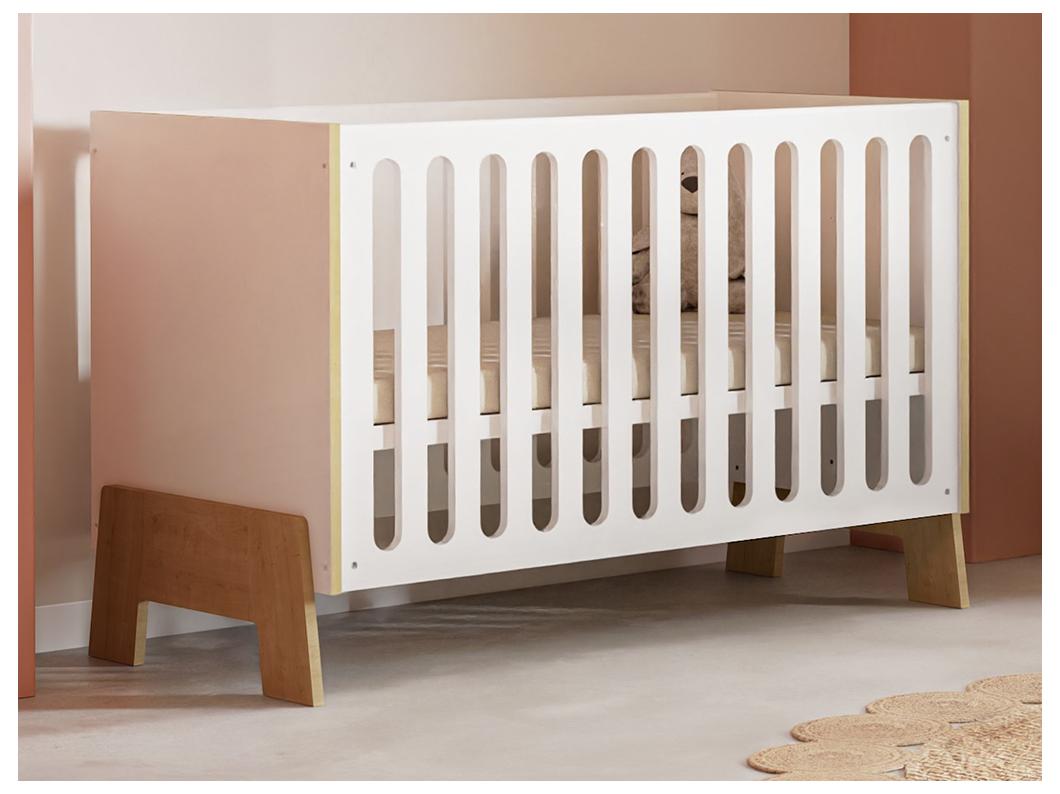 Lit bébé 60 x 120 cm - MDF - Blanc et naturel + Matelas - BERUVO