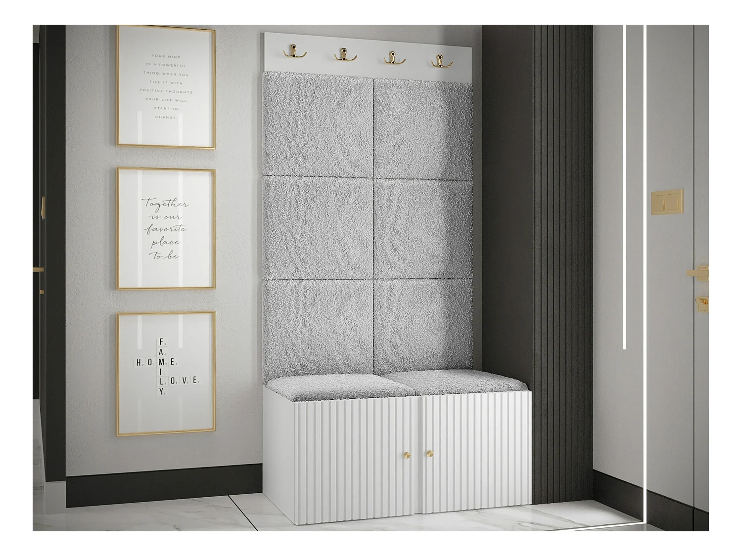 Meuble d'entrée Hartford 383, 186x84x46cm, Blanc|Gris clair, Tapisserie|Stratifié
