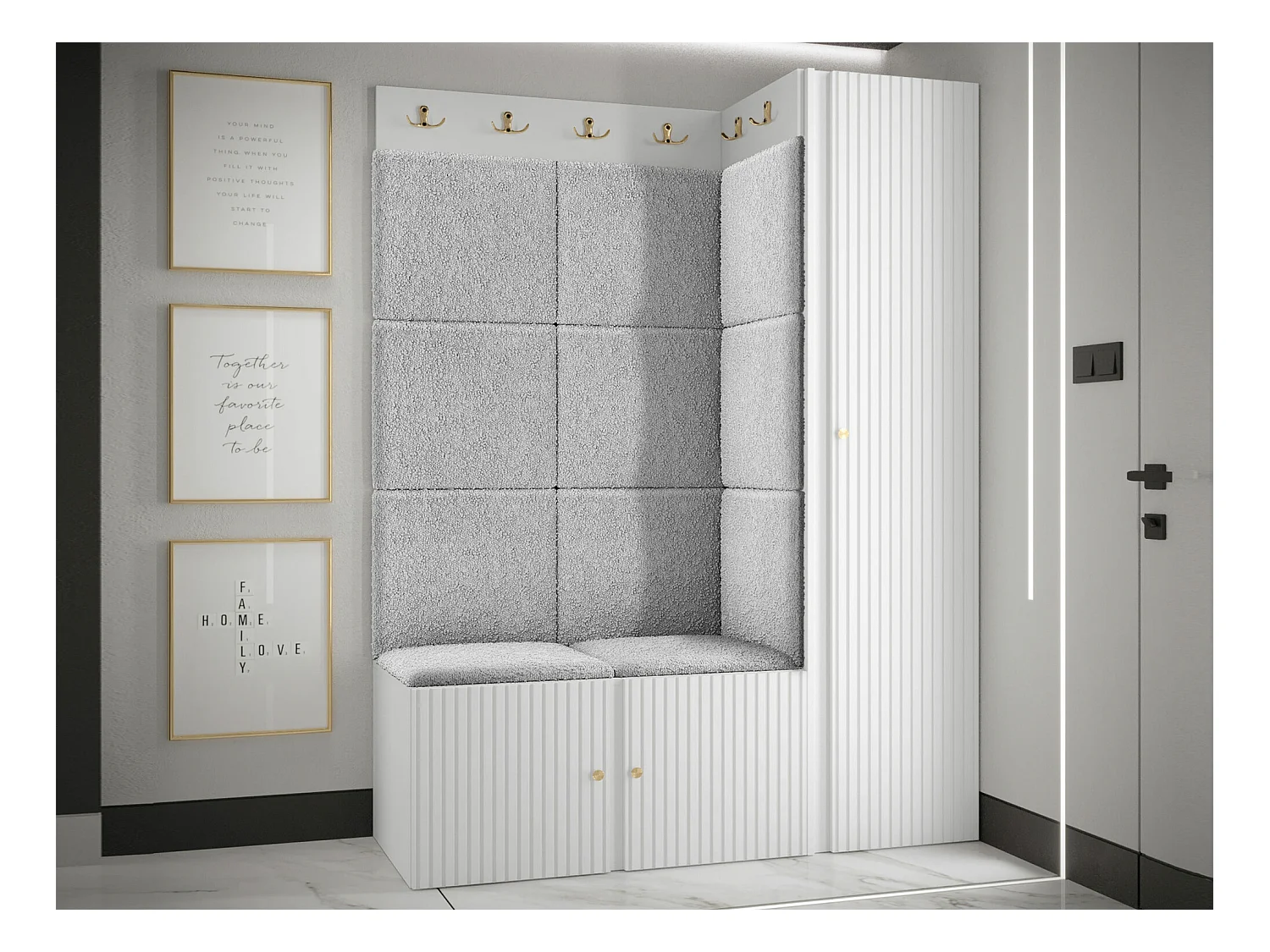 Meuble d'entrée Hartford 385, 186x124x46cm, Blanc|Gris clair, Tapisserie|MDF|Stratifié