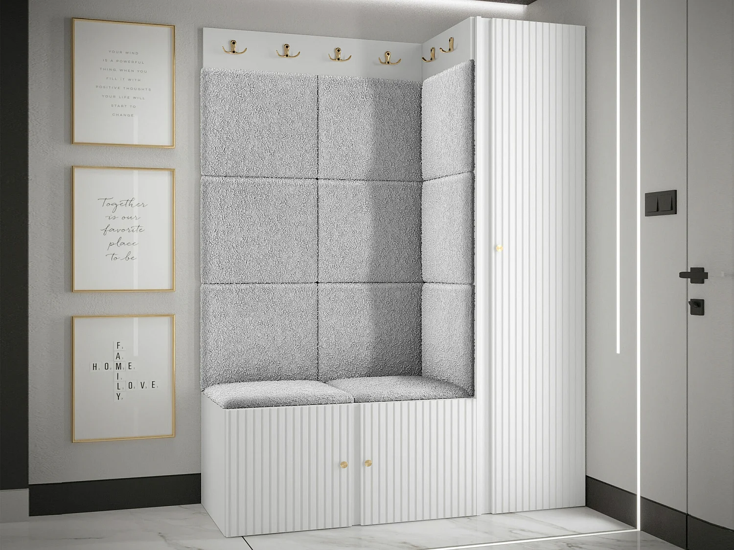 Meuble d'entrée Hartford 385, 186x124x46cm, Gris clair|Blanc, MDF|Stratifié|Tissu