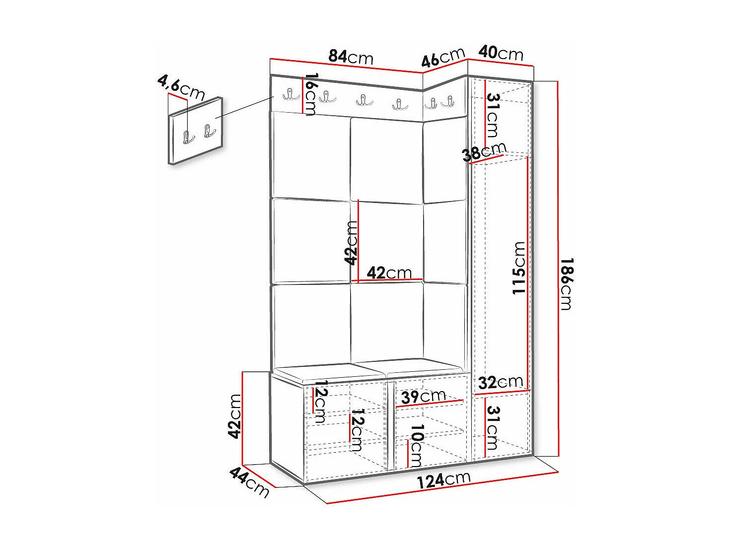 Meuble d'entrée Hartford 385, 186x124x46cm, Gris clair|Blanc, MDF|Stratifié|Tissu