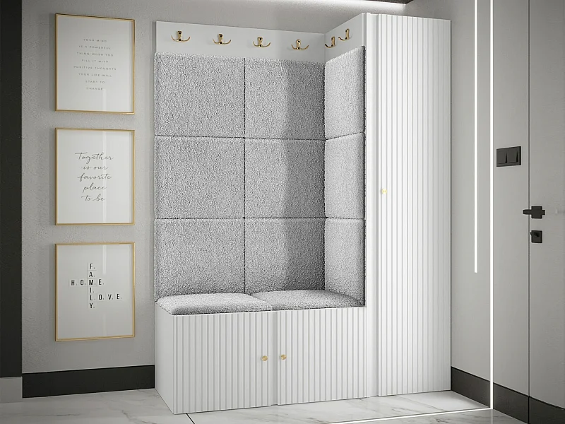 Meuble d'entrée Hartford 385, 186x124x46cm, Gris clair|Blanc, MDF|Stratifié|Tissu