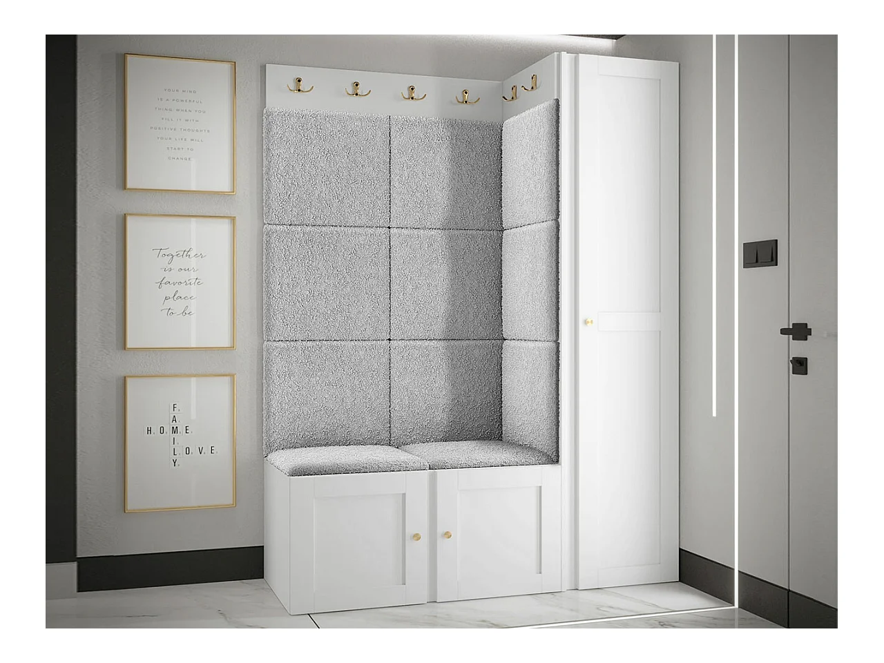 Meuble d'entrée Hartford 377, 186x124x46cm, Gris clair|Blanc, Stratifié|Tapisserie|MDF