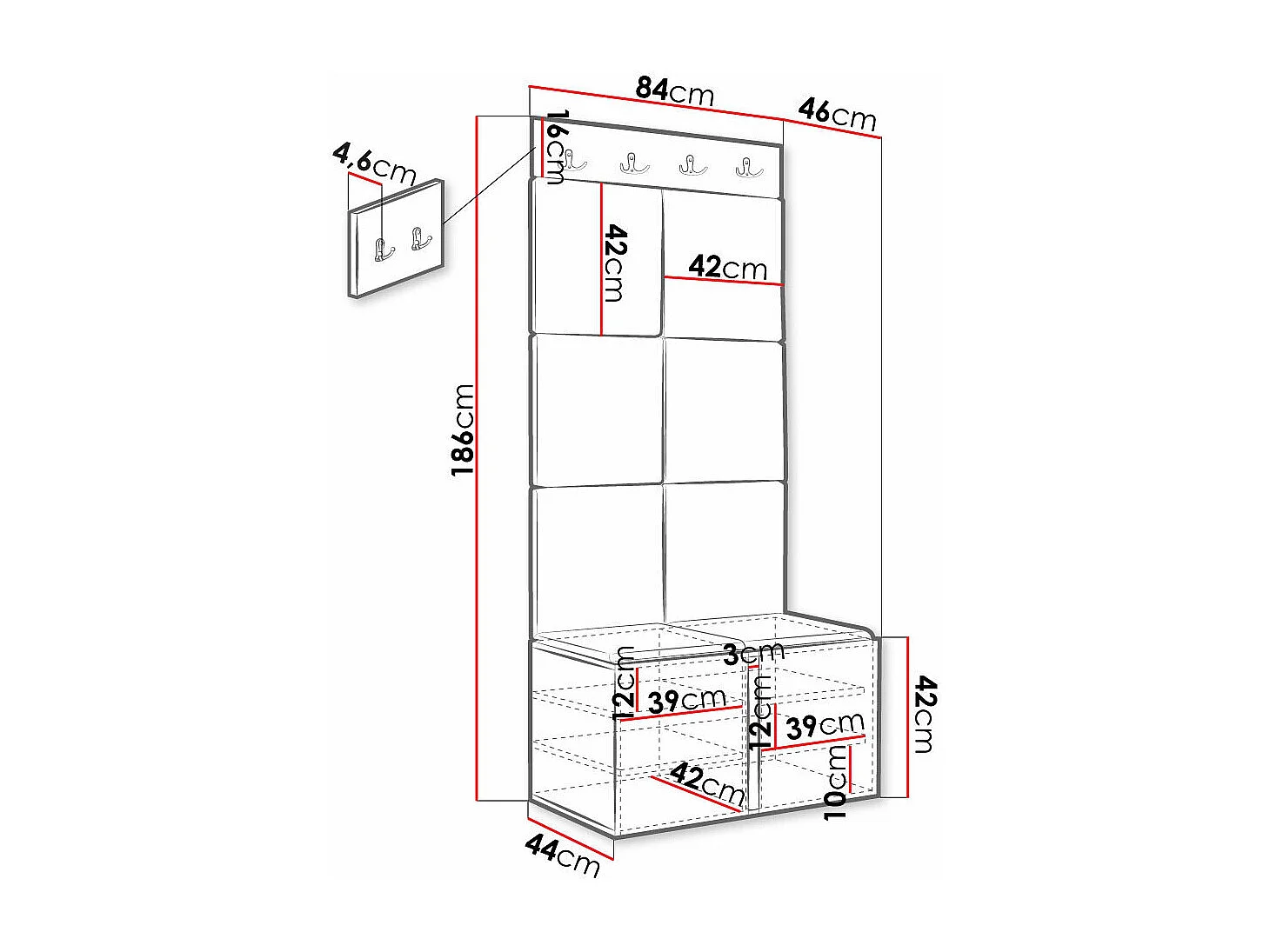 Meuble d'entrée Hartford 375, 186x84x46cm, Brun clair|Blanc, MDF|Stratifié|Tapisserie
