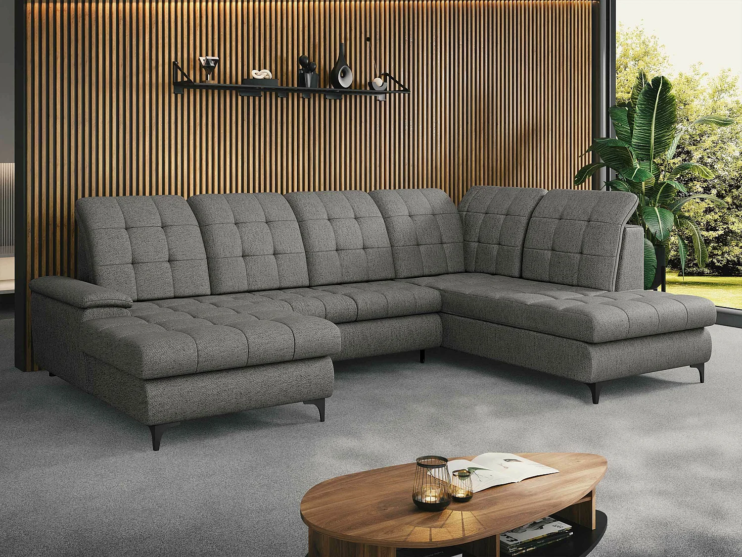 Canapé d'angle Sanford 100, Gris, Fonction de couchage, Boîte de literie, 330x212x105cm