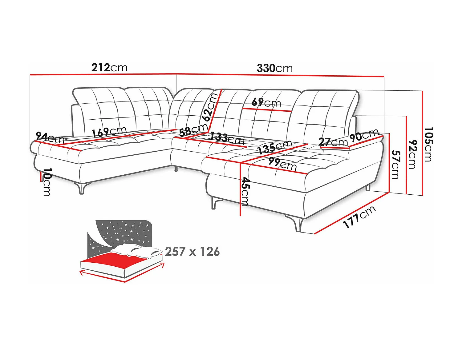 Canapé d'angle Sanford 100, Gris, Fonction de couchage, Boîte de literie, 330x212x105cm