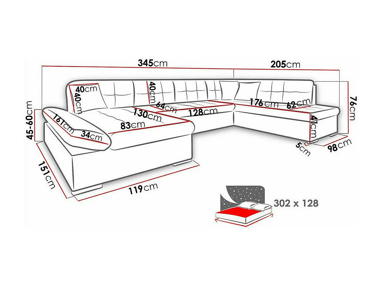 Sofá rinconero Comfivo 150, Función de descanso, Almacenaje, 345x205x76cm