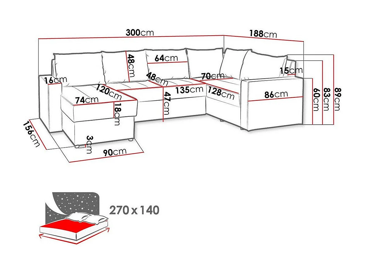 Canapé d'angle Providence 144, Fonction de couchage, Boîte de literie, 300x188x89cm