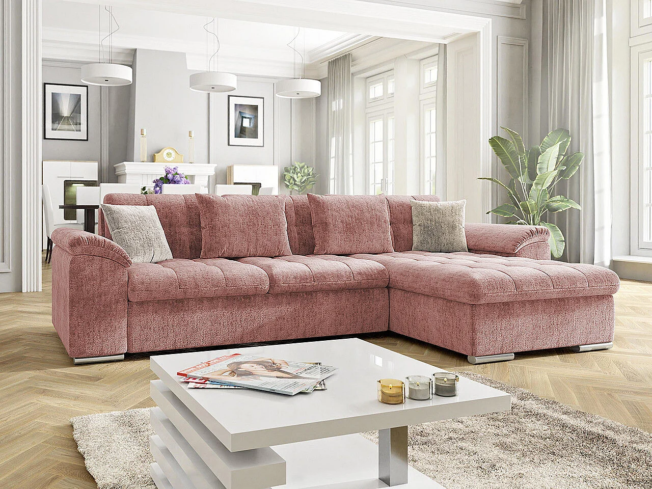 Sofá rinconero Comfivo Mica, Rosa, Función de descanso, Almacenaje, 280x160x76cm