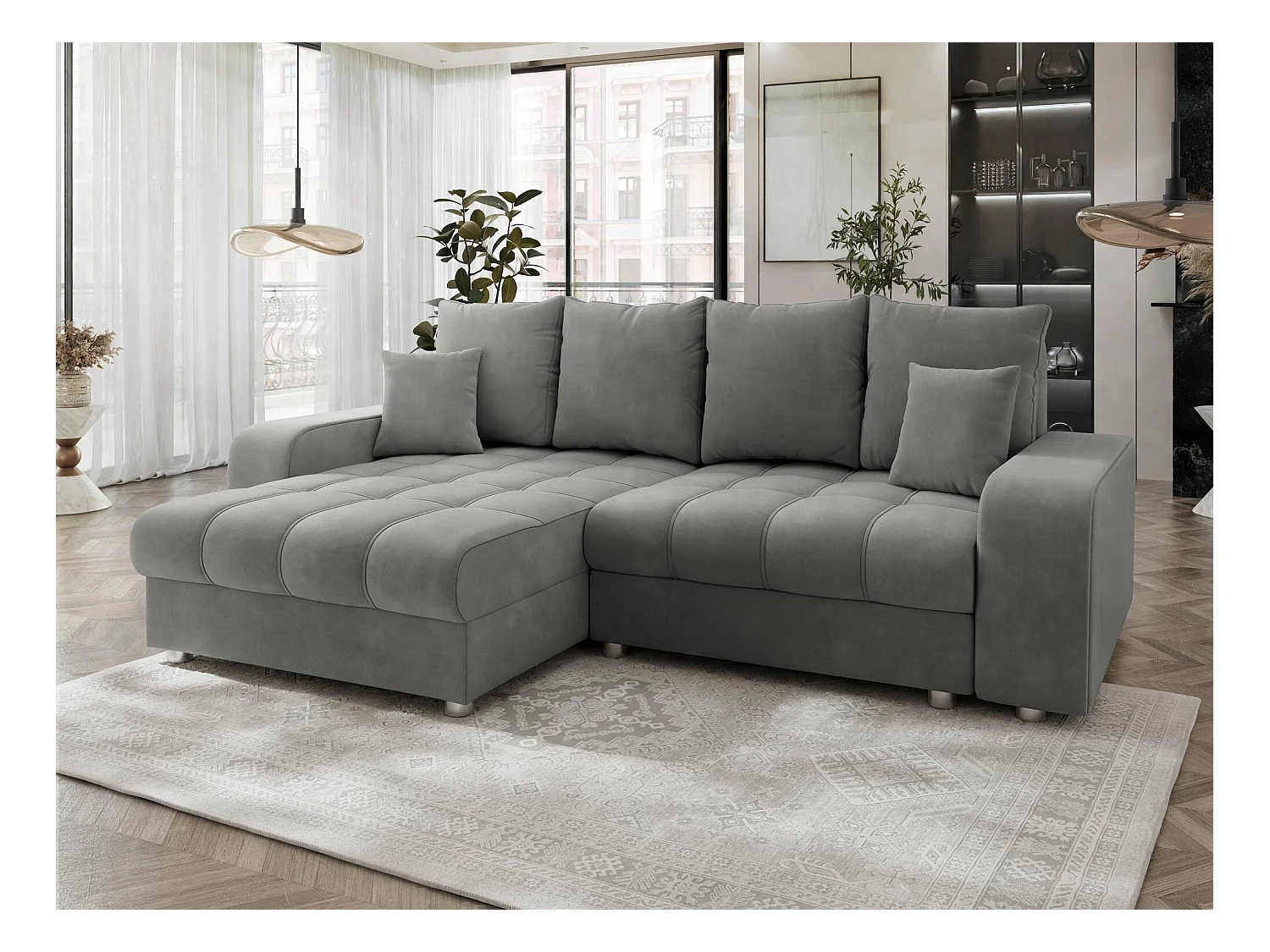 Canapé d'angle Sanford 102, Gris, Fonction de couchage, Boîte de literie, 250x166x94cm