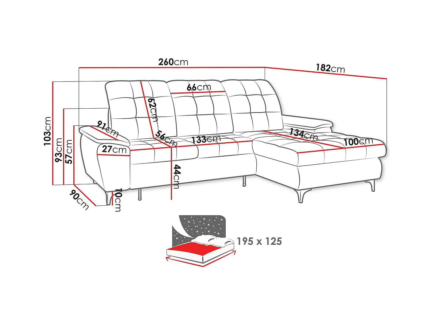 Sofá de canto Sanford 103, Cinzento, Funcionalidade de dormir