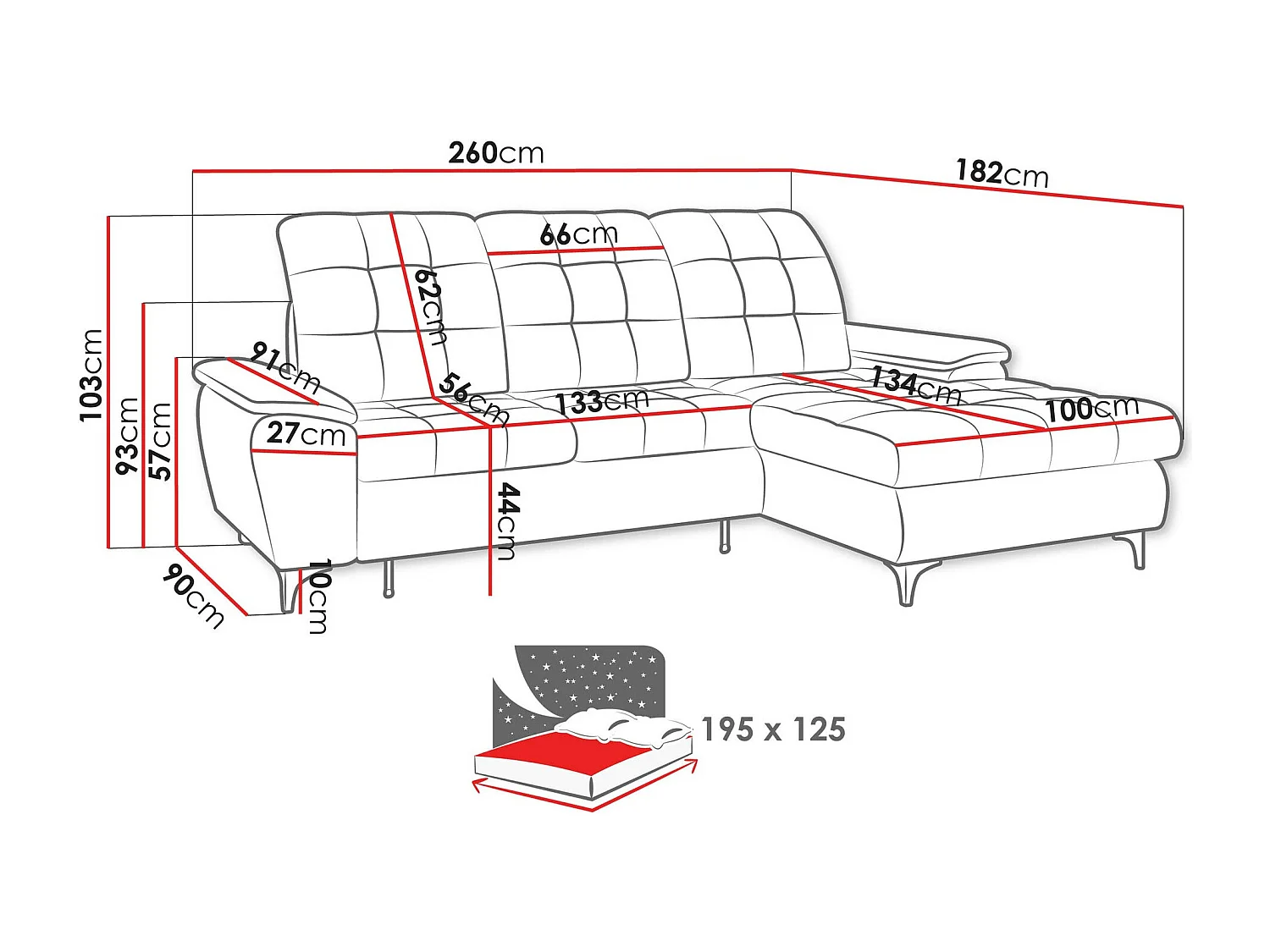 Canapé d'angle Sanford 103, Gris, Disponible, 260x182x103cm