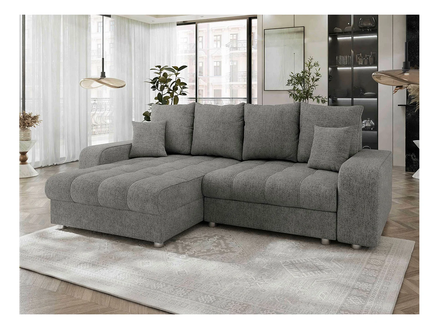Canapé d'angle Sanford 102, Gris, Fonction de couchage, Boîte de literie, 250x166x94cm
