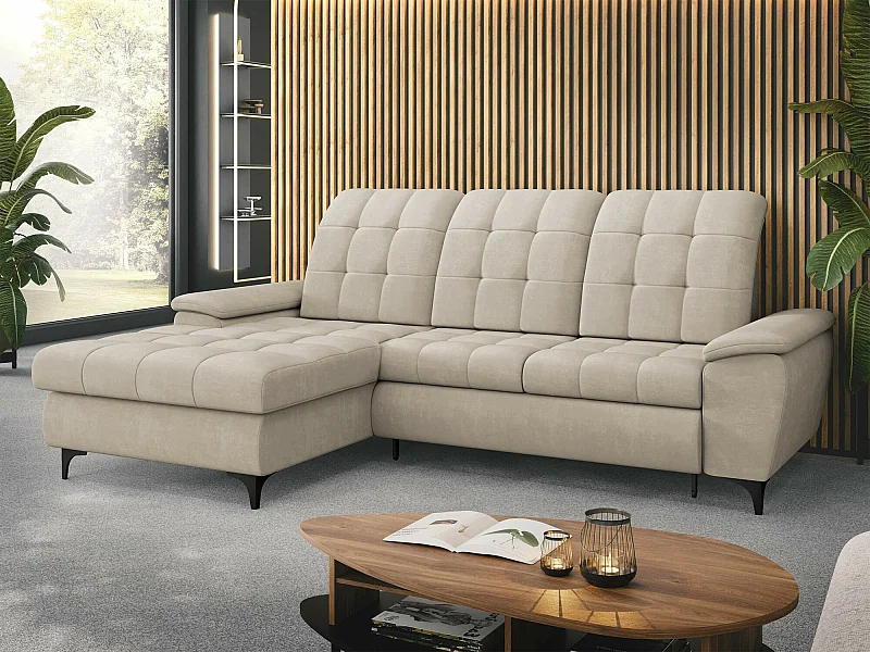 Sofá rinconero Sanford 103, De color marrón claro, Función de descanso, Almacenaje, 260cm