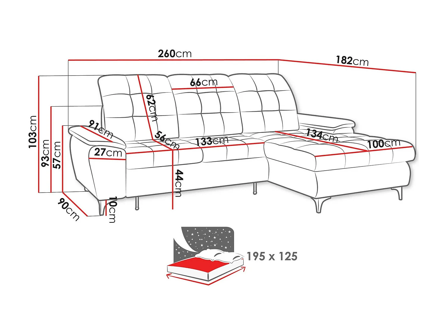 Canapé d'angle Sanford 103, Gris, Disponible, 260x182x103cm