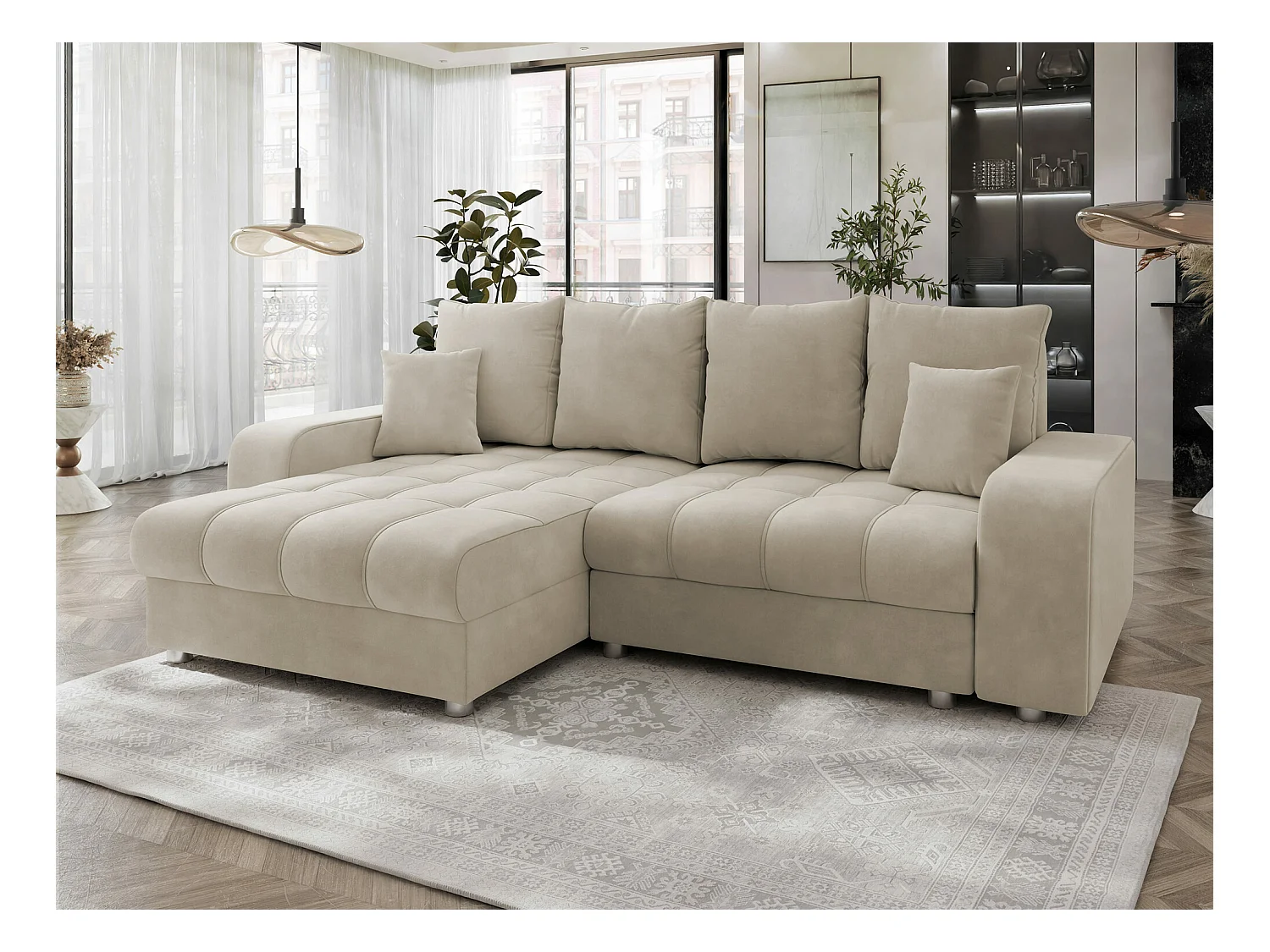 Canapé d'angle Sanford 102, Brun clair, Fonction de couchage, Boîte de literie, 250x166cm
