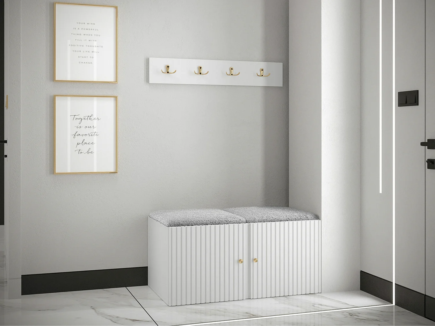 Meuble d'entrée Hartford 384, Gris clair|Blanc, MDF|Stratifié|Tissu, À poser|Murale