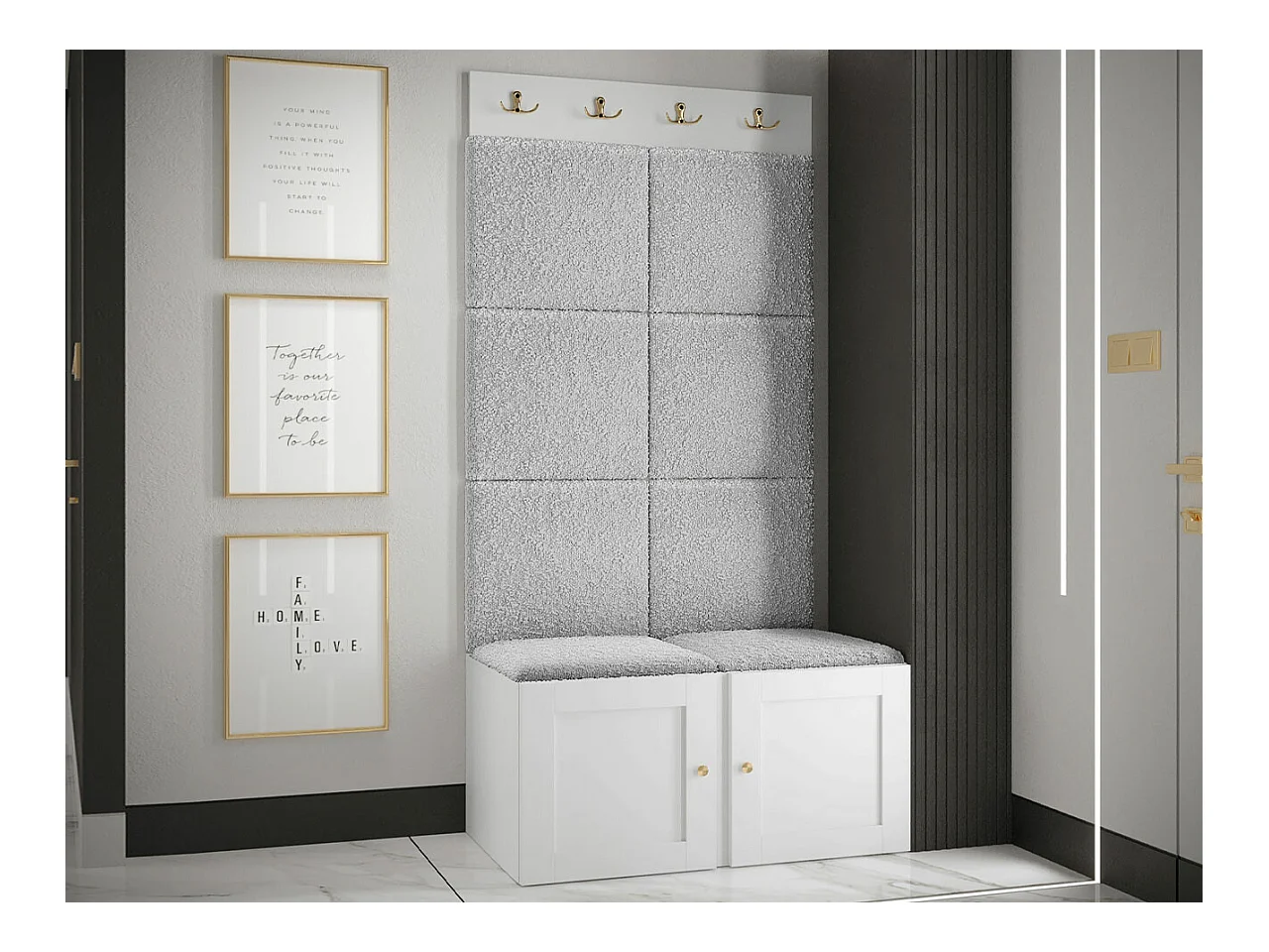 Meuble d'entrée Hartford 375, 186x84x46cm, Gris clair|Blanc, Tapisserie|MDF|Stratifié