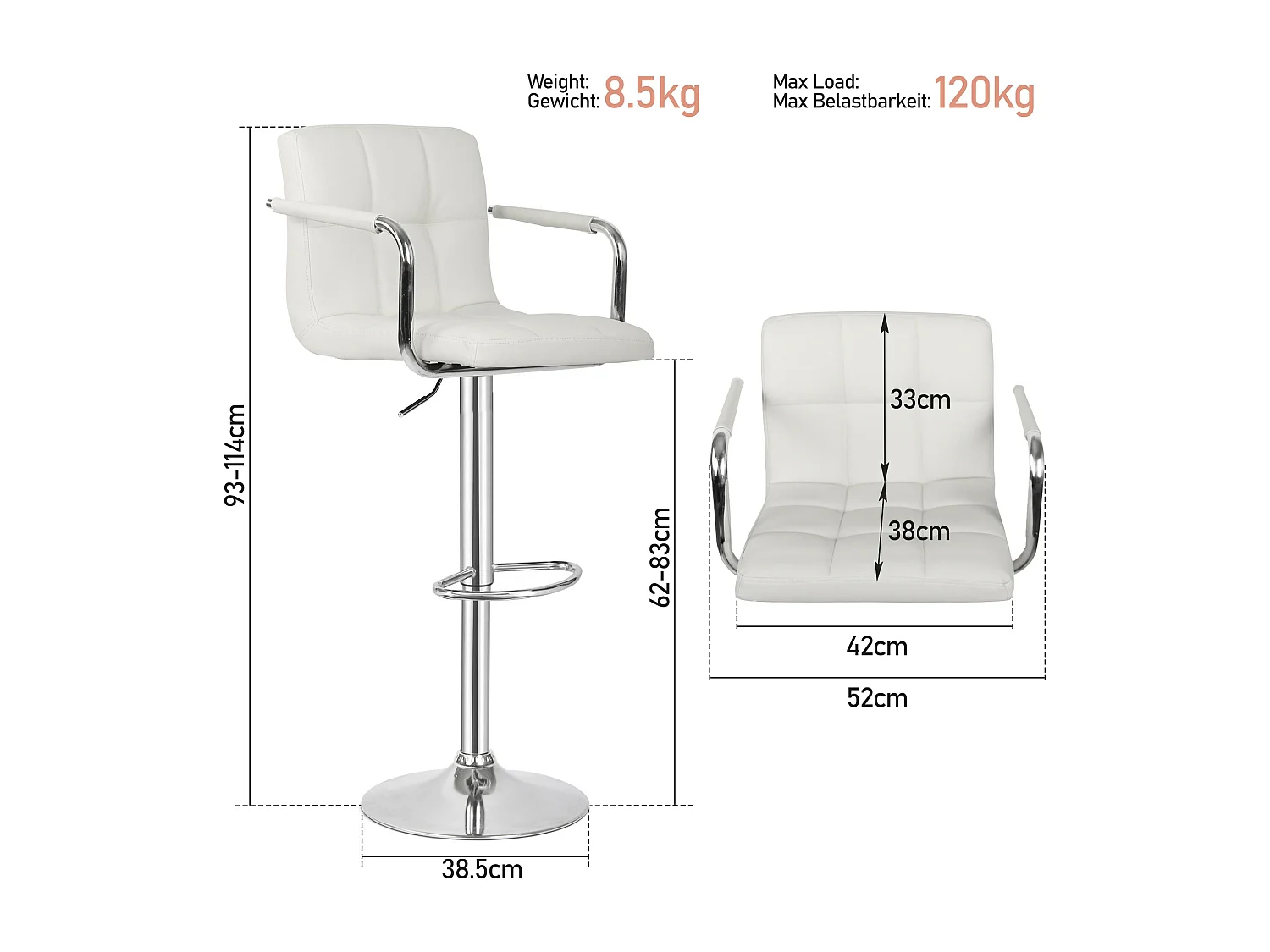 Tabouret de bar Jessy - Lot de 2 pièces - Hauteur réglable - Blanc