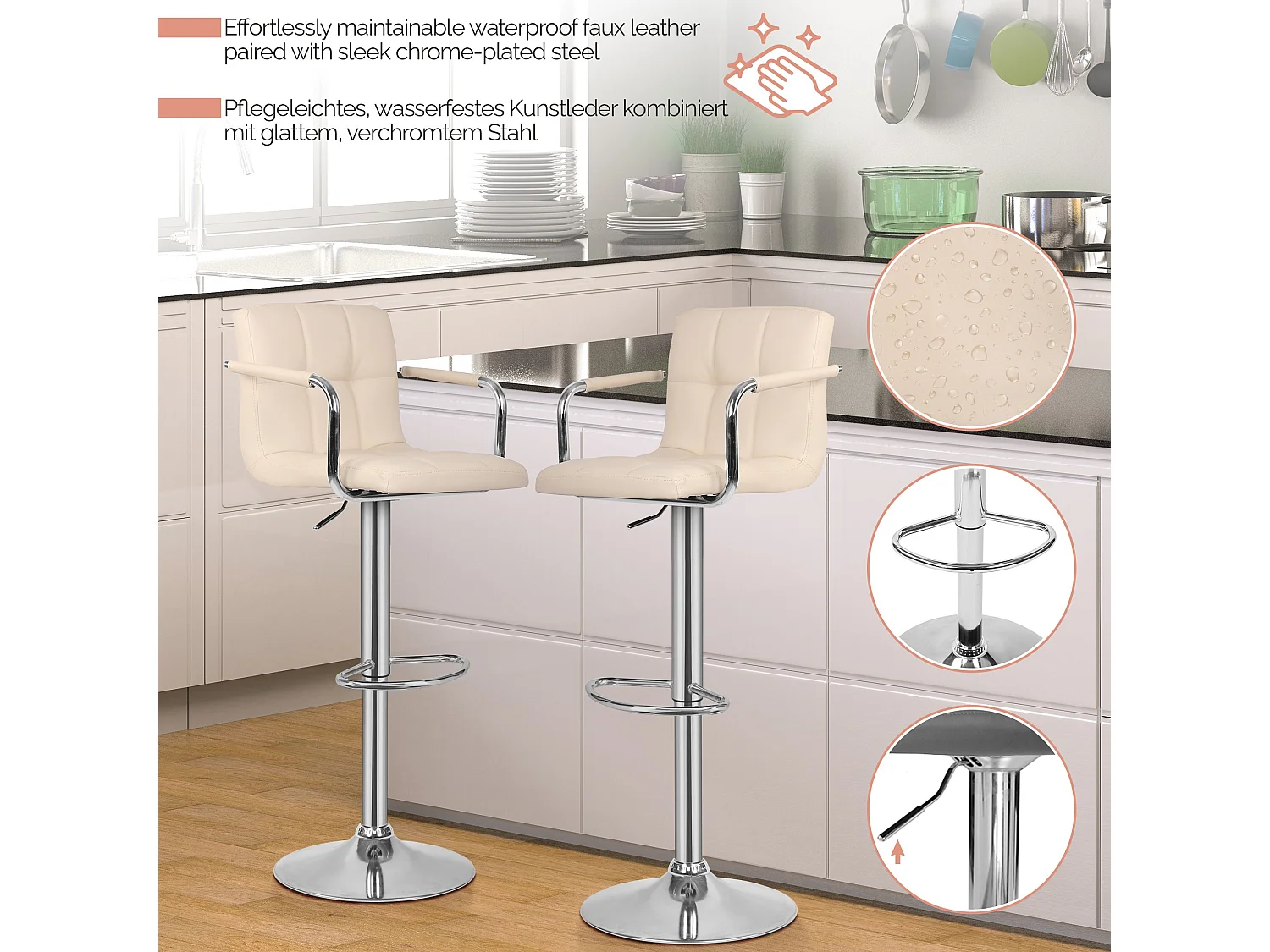 Tabouret de bar Jessy - Lot de 2 pièces - Hauteur réglable - Beige