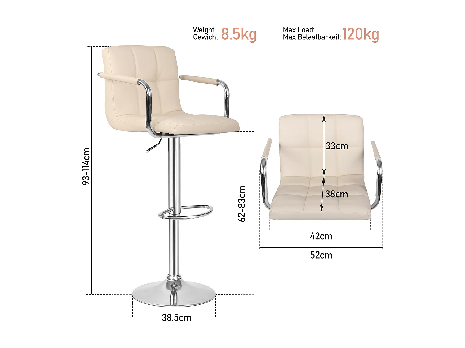 Tabouret de bar Jessy - Lot de 2 pièces - Hauteur réglable - Beige