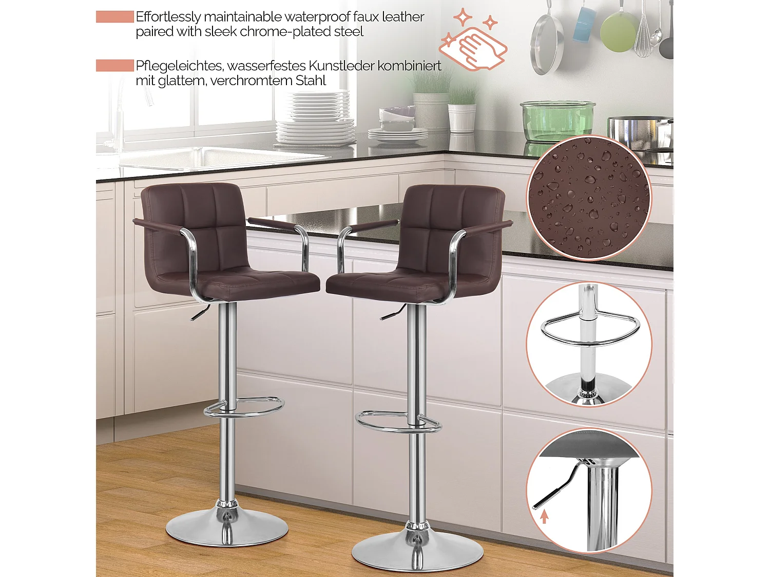 Tabouret de bar Jessy - Lot de 2 pièces - Hauteur réglable - Marron