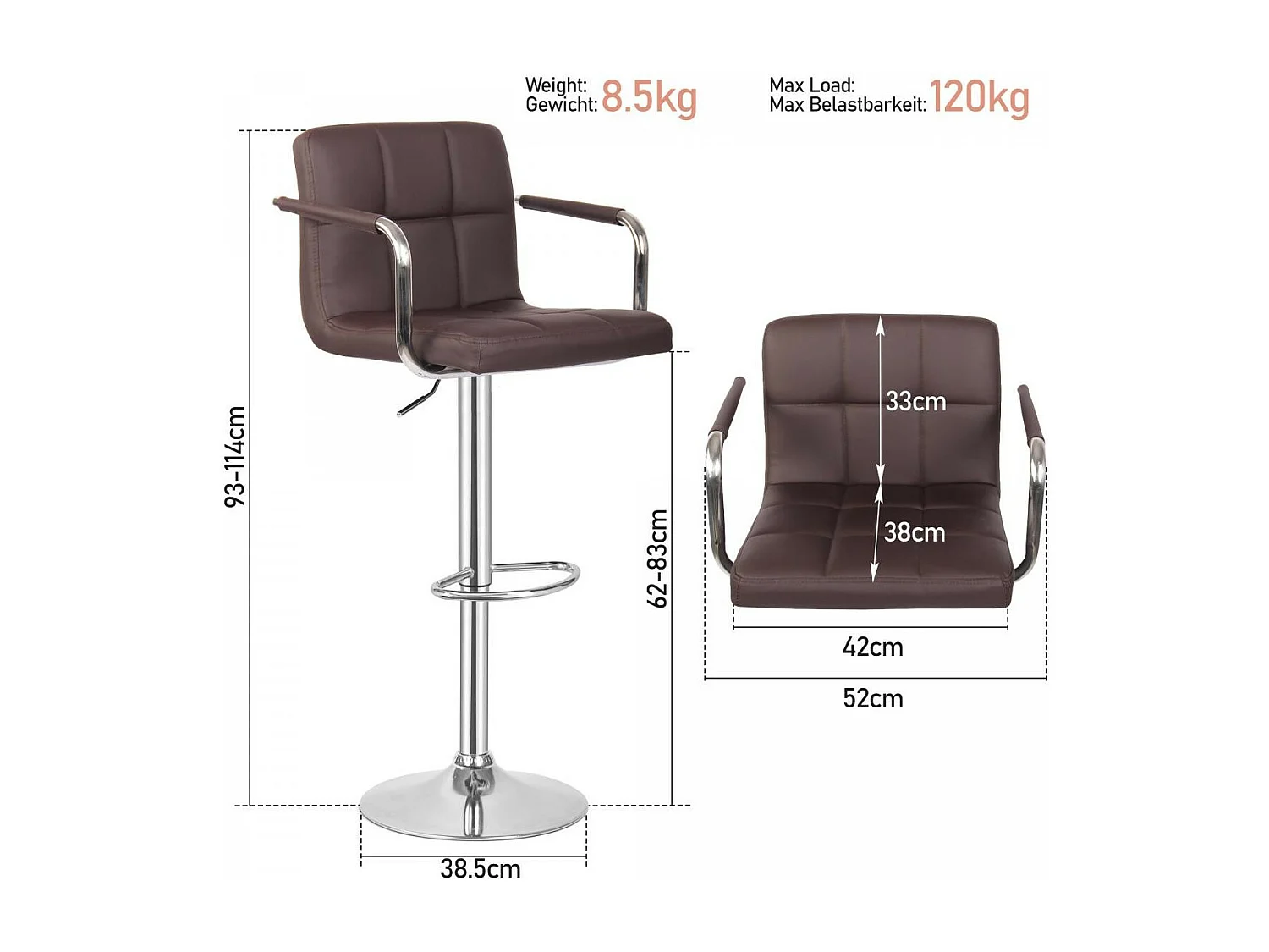 Tabouret de bar Jessy - Lot de 2 pièces - Hauteur réglable - Marron