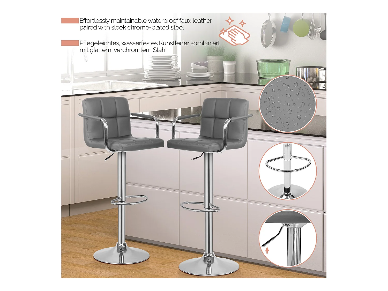 Tabouret de bar Jessy - Lot de 2 pièces - Hauteur réglable - Gris