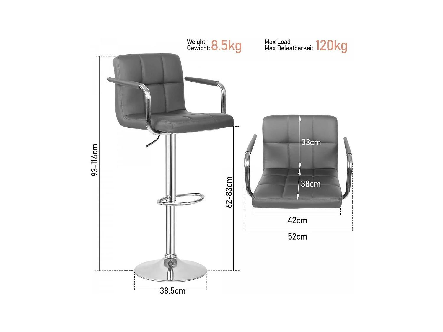 Tabouret de bar Jessy - Lot de 2 pièces - Hauteur réglable - Gris