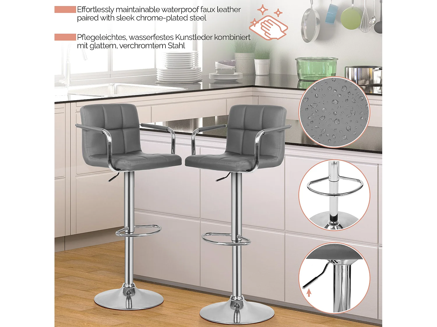 Tabouret de bar Jessy - Lot de 2 pièces - Hauteur réglable - Gris