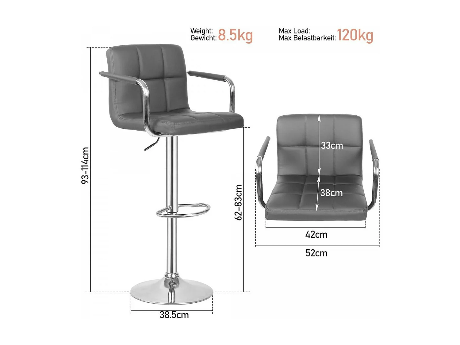 Tabouret de bar Jessy - Lot de 2 pièces - Hauteur réglable - Gris