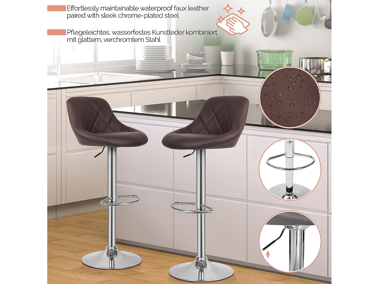 Tabouret de bar Baily - Lot de 2 pièces - Hauteur réglable - Marron