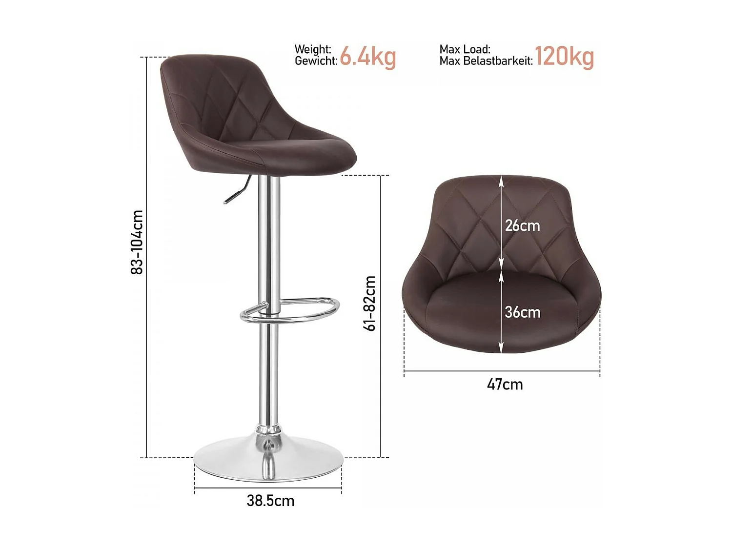 Tabouret de bar Baily - Lot de 2 pièces - Hauteur réglable - Marron