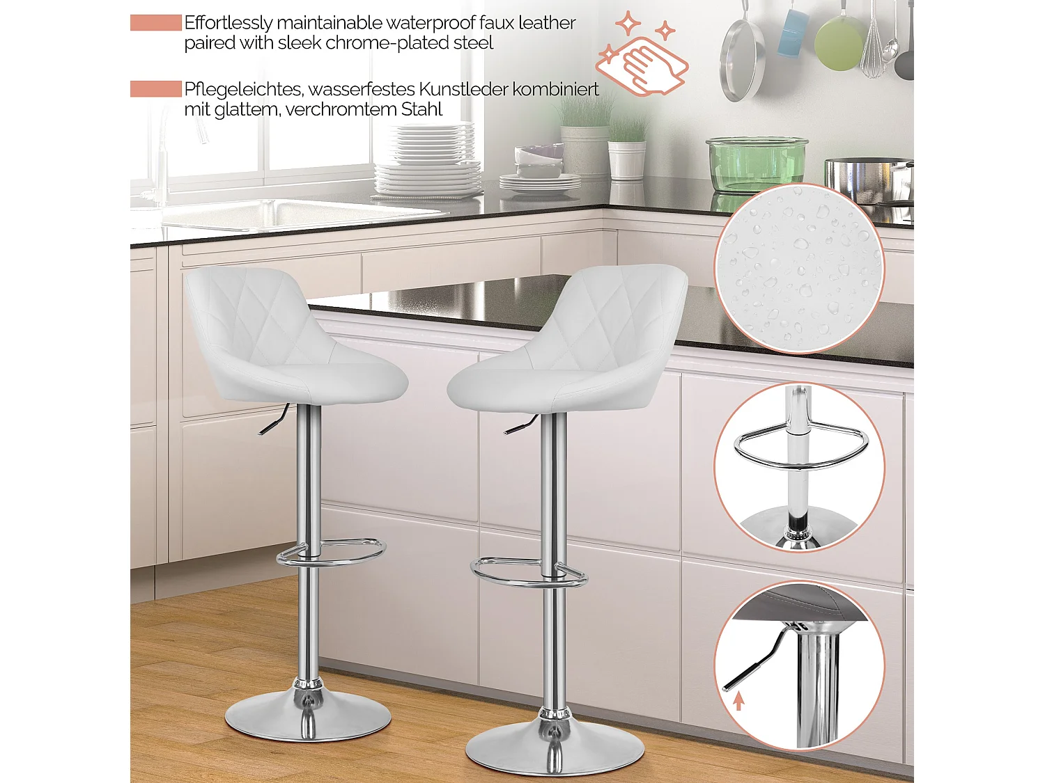 Tabouret de bar Baily - Lot de 2 pièces - Hauteur réglable - Blanc