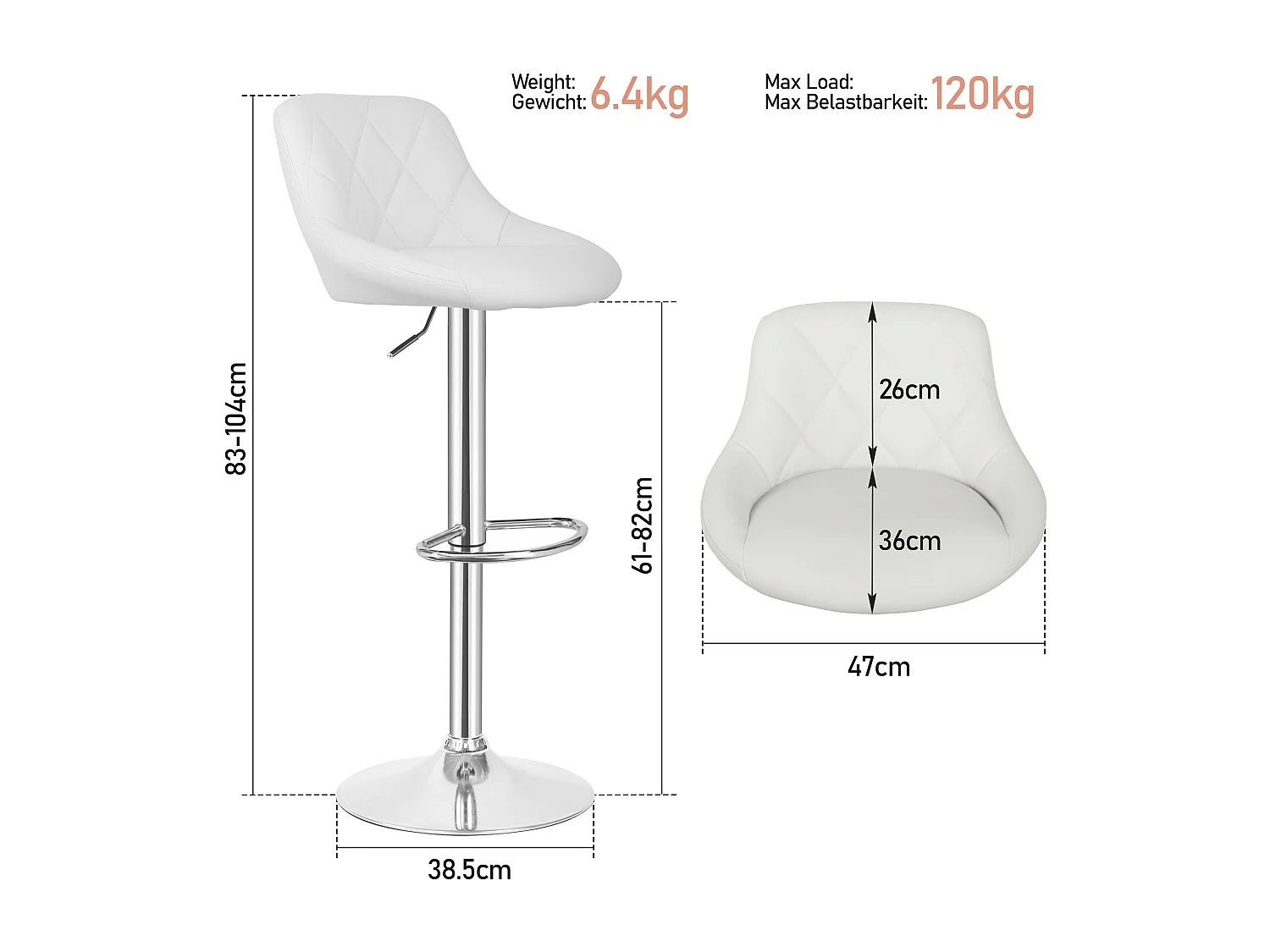 Tabouret de bar Baily - Lot de 2 pièces - Hauteur réglable - Blanc