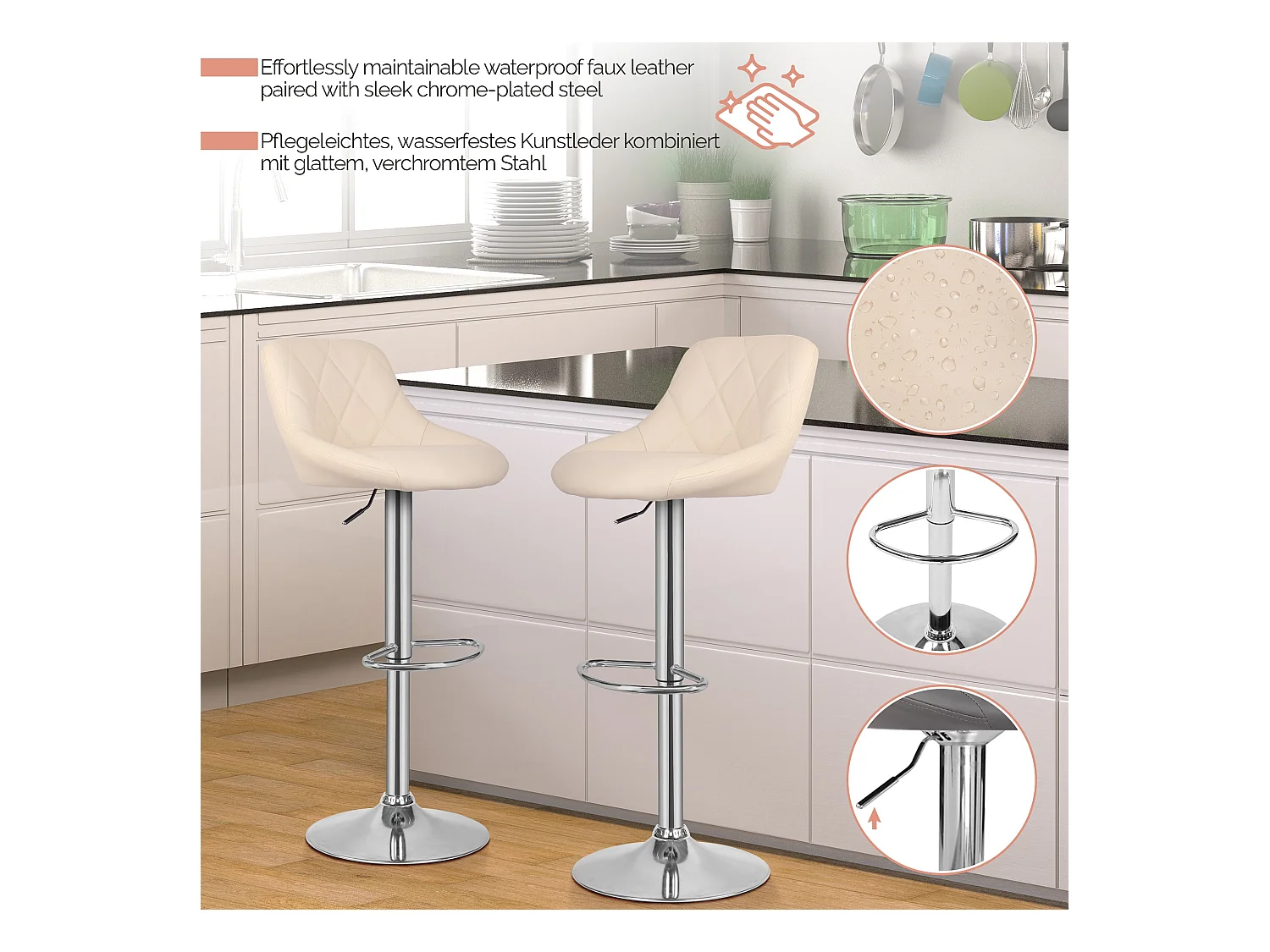 Tabouret de bar Baily - Lot de 2 pièces - Hauteur réglable - Beige
