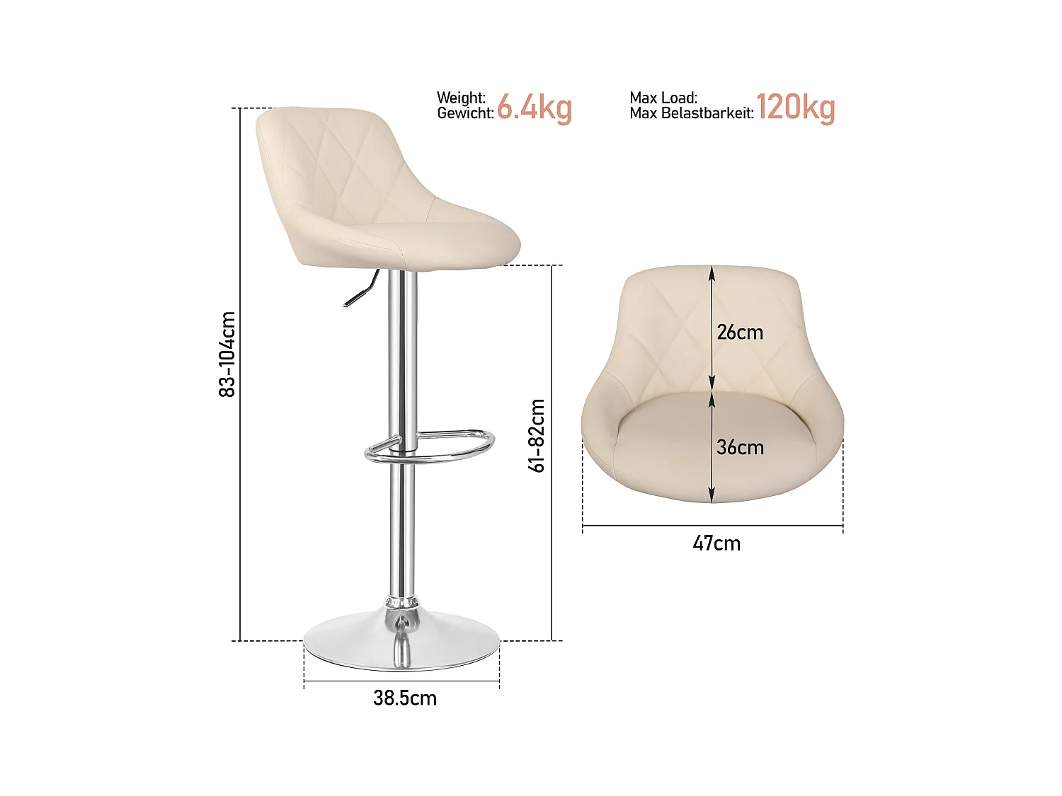 Tabouret de bar Baily - Lot de 2 pièces - Hauteur réglable - Beige