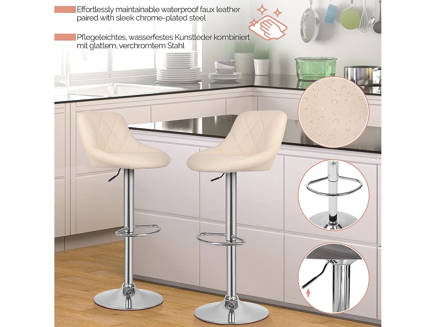Tabouret de bar Baily - Lot de 2 pièces - Hauteur réglable - Beige