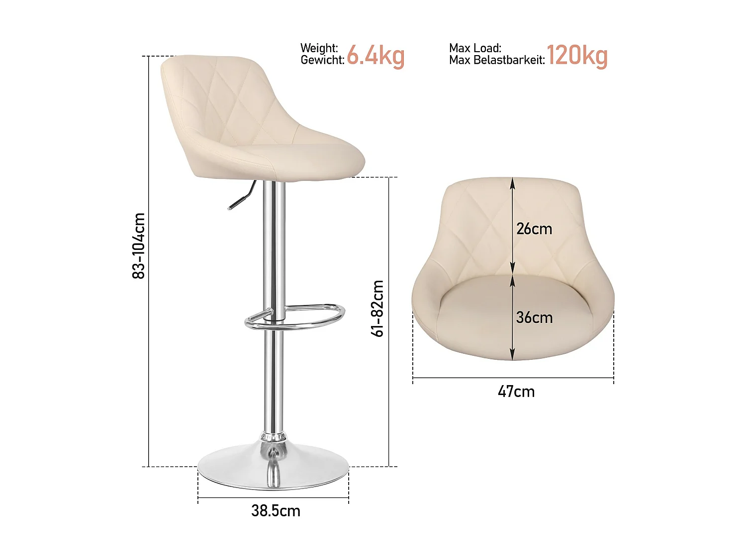 Tabouret de bar Baily - Lot de 2 pièces - Hauteur réglable - Beige