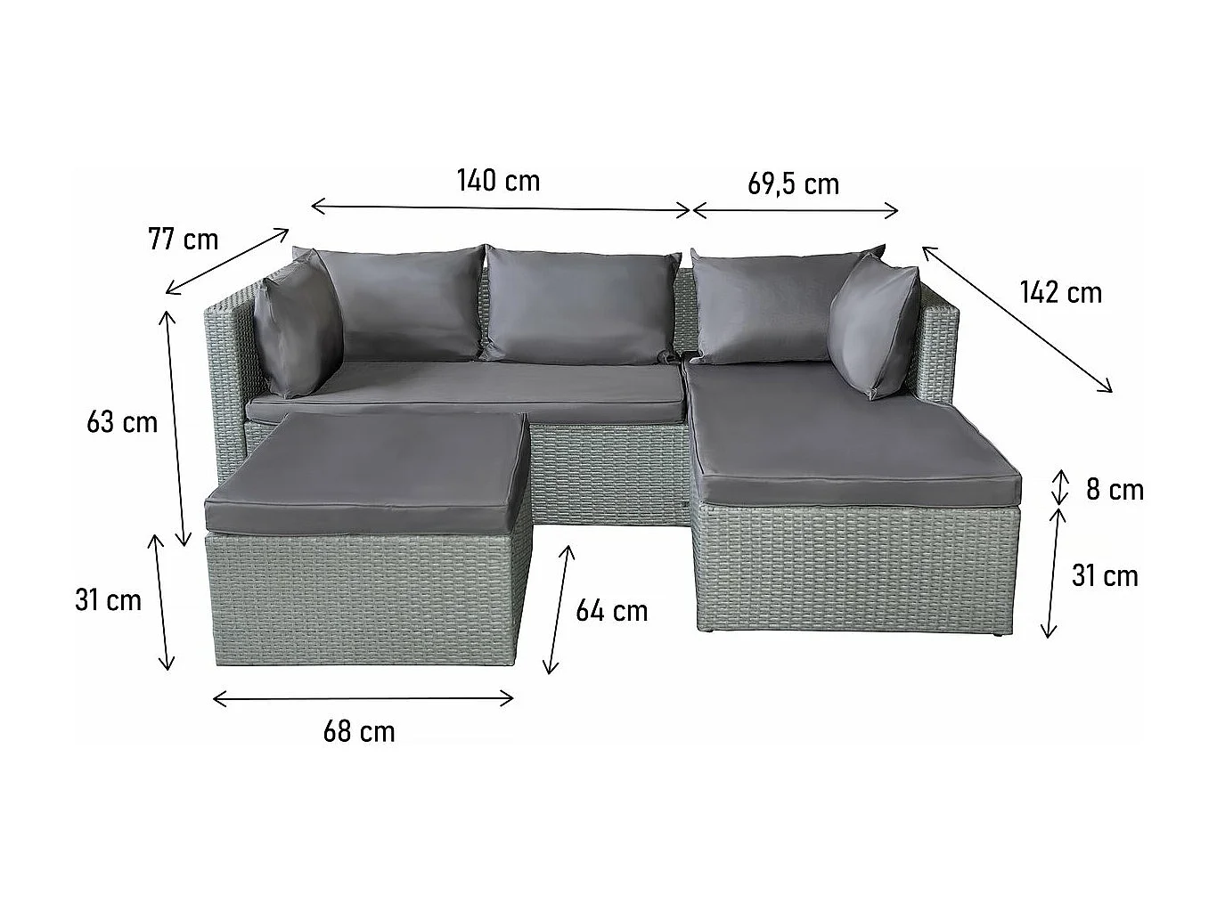Conjunto de jardim baixo em resina trançada "Diya" 3 lugares - Cinza, conjunto luxuoso de 4 peças para sublimar o seu espaço exterior