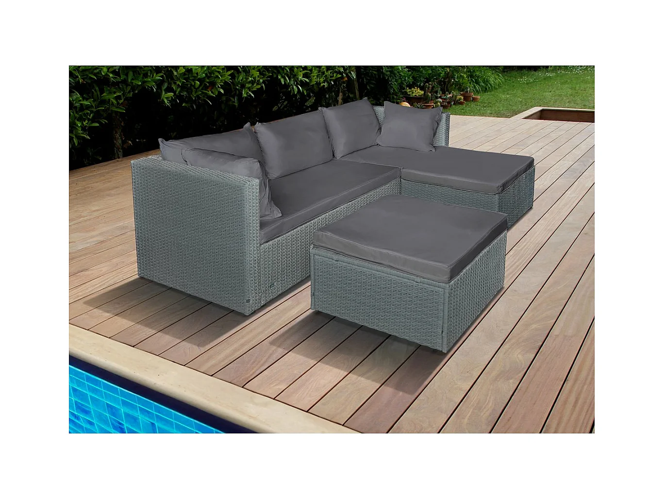 Lage tuinset van gevlochten hars "Diya" 3 plaatsen - Grijs, luxueuze set van 4 stuks om uw buitenruimte te verfraaien