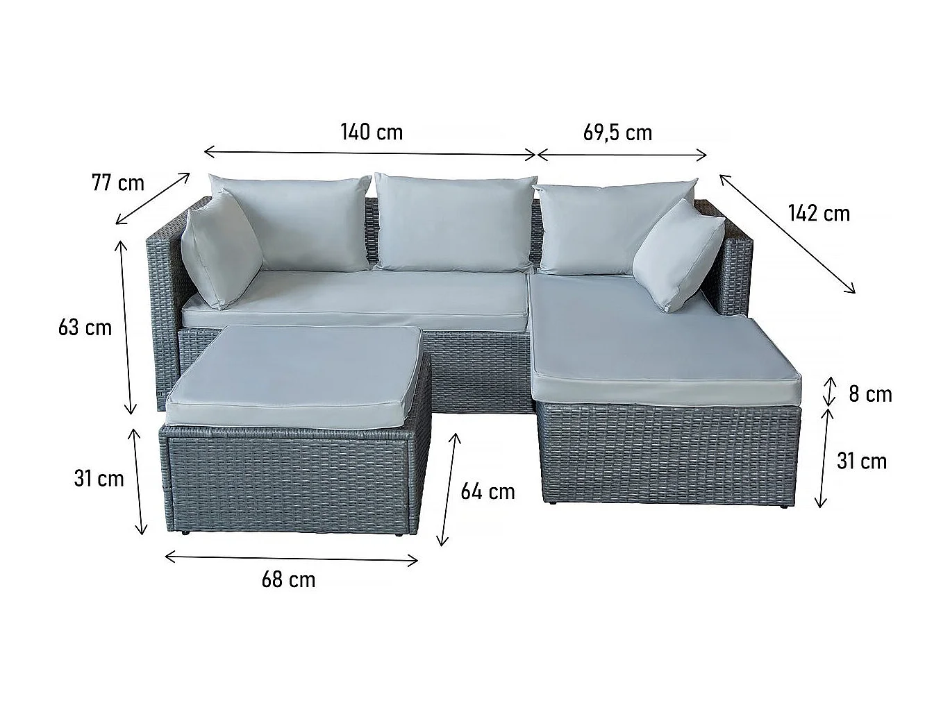 Lage loungeset van gevlochten hars "Diya" 3 plaatsen - Grijs, modulair en elegant ontwerp voor alle ruimtes