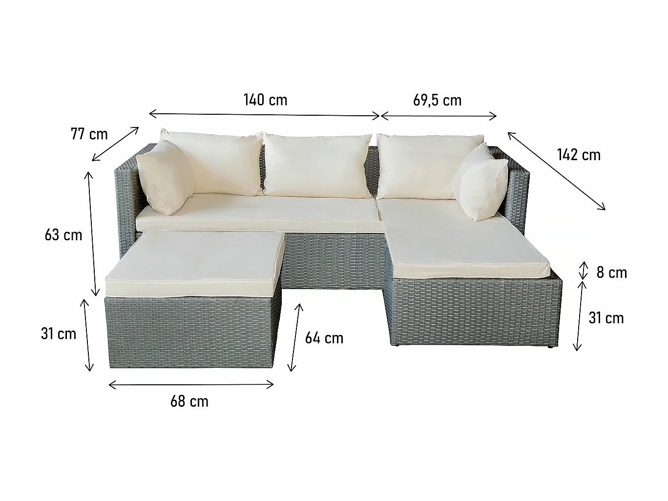 Salon de jardin bas en résine tressée "Diya" 3 places - Gris et beige