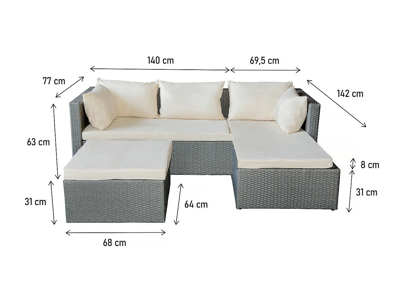 Lage loungeset van gevlochten hars "Diya" 3 plaatsen - Grijs, modulair en elegant ontwerp voor alle ruimtes