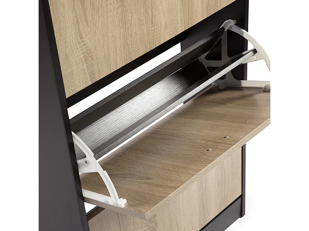 DUPI Zapatero Madera, Tres Puertas, Zapatero Puertas Oscilobatientes, Mueble Auxiliar, Medidas: 63cms Ancho, 24cms Profundo, 115cms Alto (Taupe/Negro)