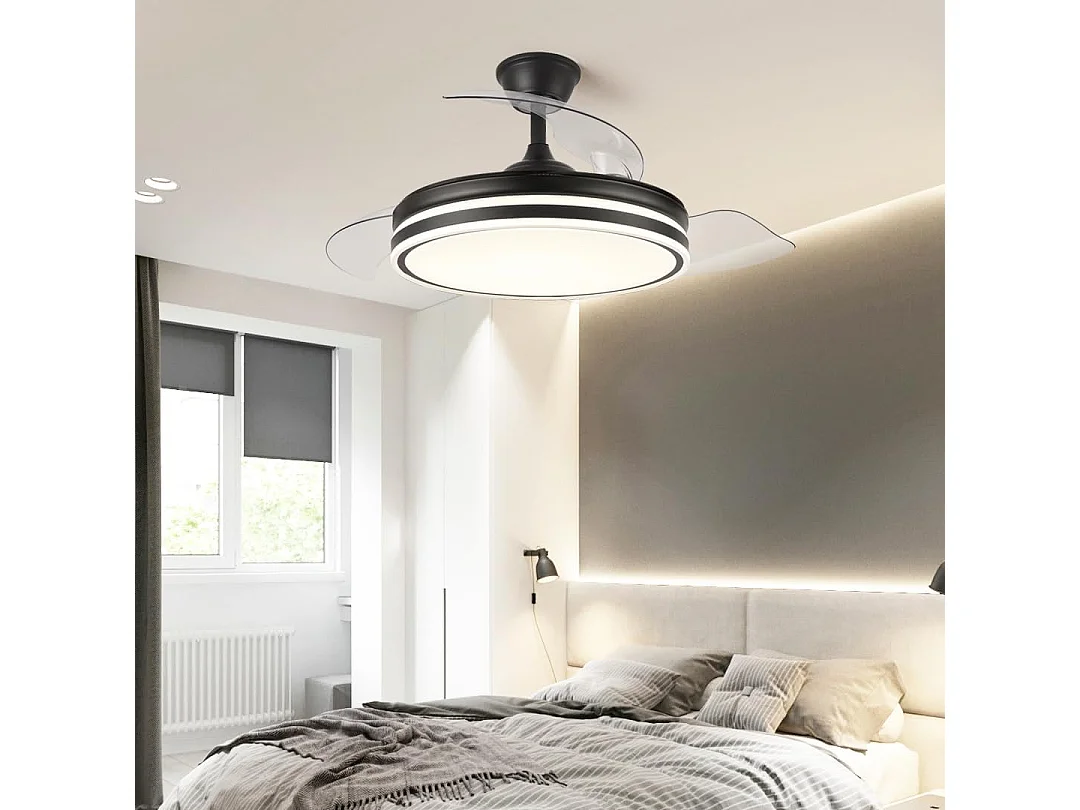Ventilador de techo con Luz Led COSMOS aspas retractil que se esconden aspas ocultas transparentes super silencioso, con mando a distancia (Negro)